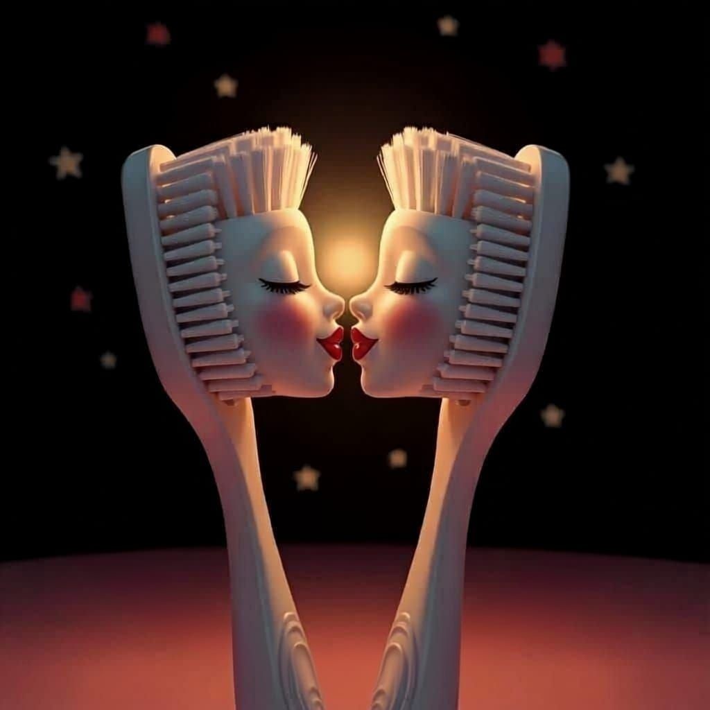 Surreal Embrace: Two Toothbrushes Kissing in Pastel Hues