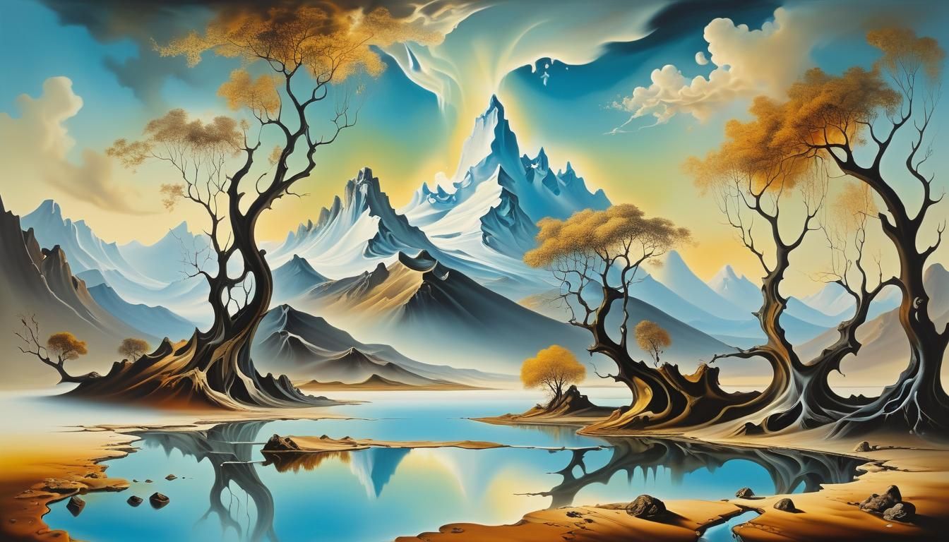Surreal Landscape with Melting Mountains as Oil Painting