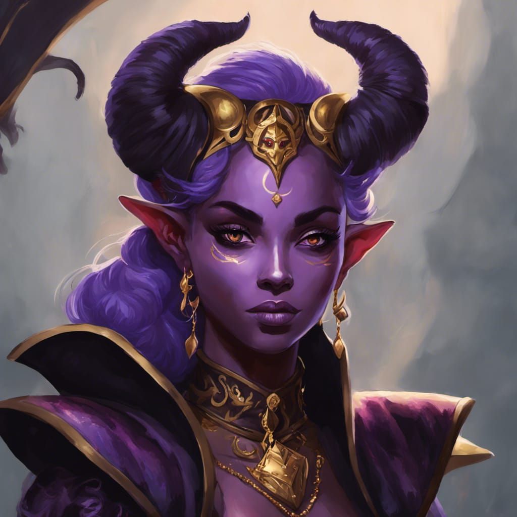 Whimsical Tiefling with Gold Accents in Dark Fantasy Art