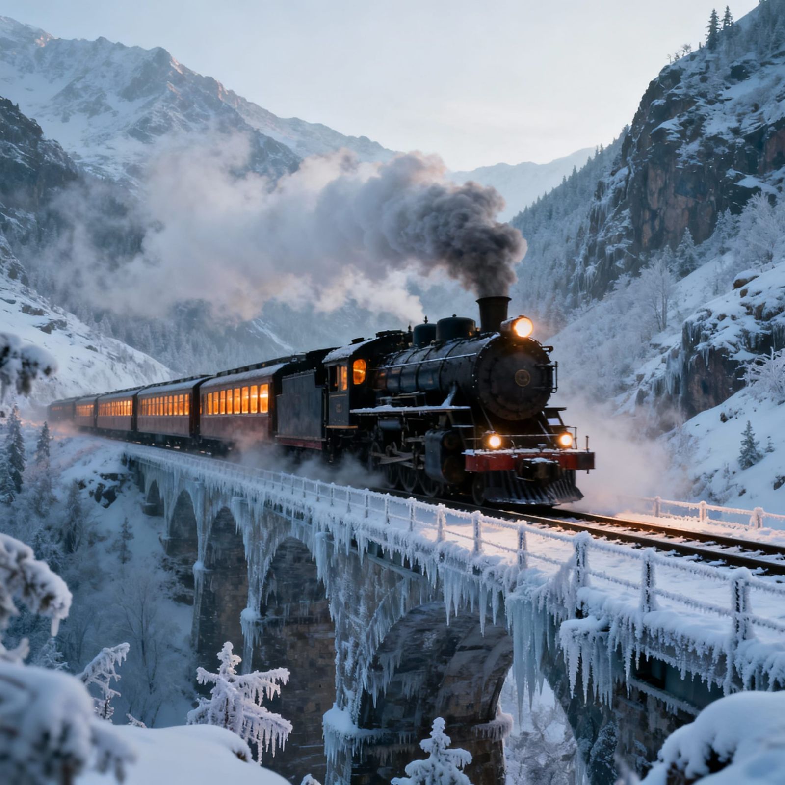 Majestic Steam Train Crosses Snowy Mountain Pass