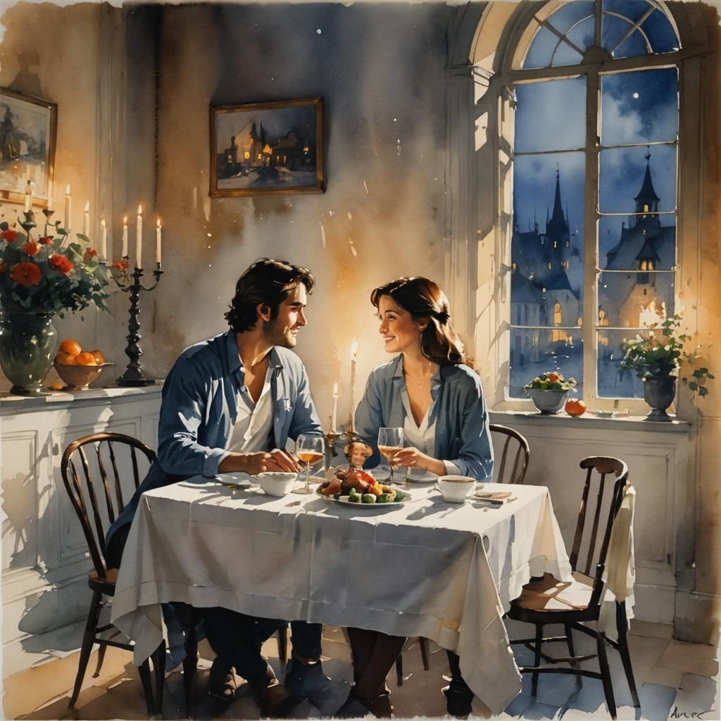 Romantic Dinner by Candlelight in Watercolor Style