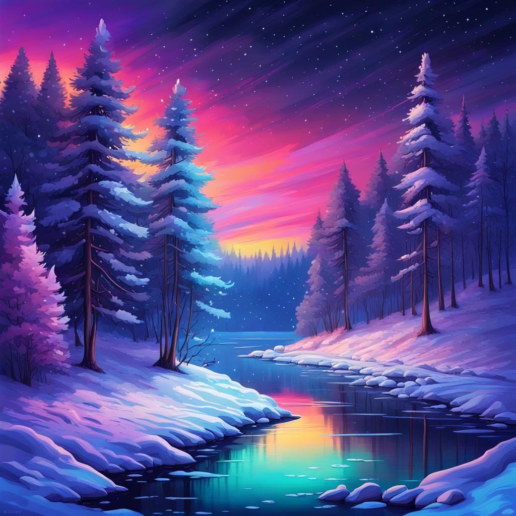 Colorful Winter Midnight Scene in Neon Style