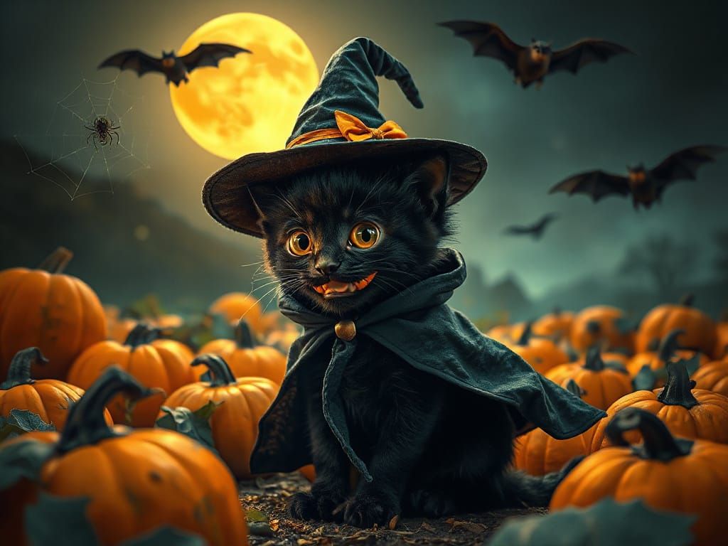 Black Kitten in Witch Hat with Pumpkin Head, Spooky Moonlit ...