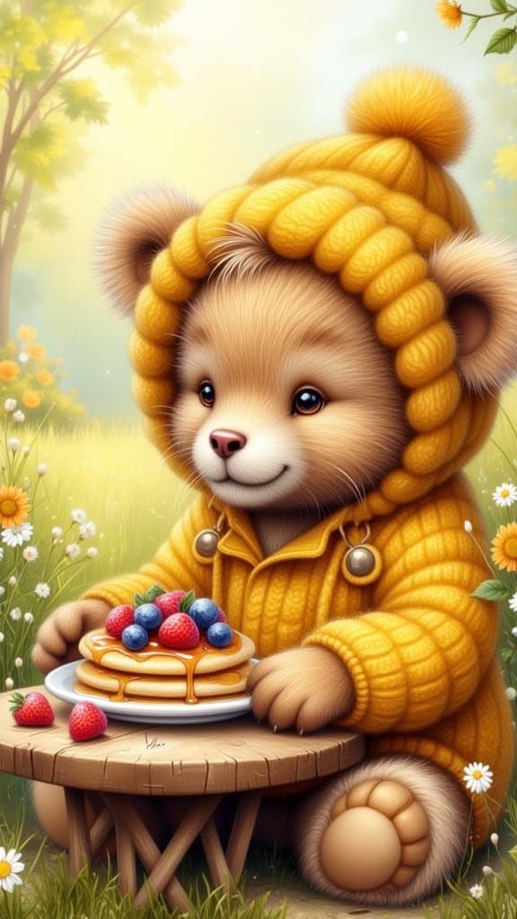 Teddy Bear's Whimsical Breakfast, Watercolor Illustration