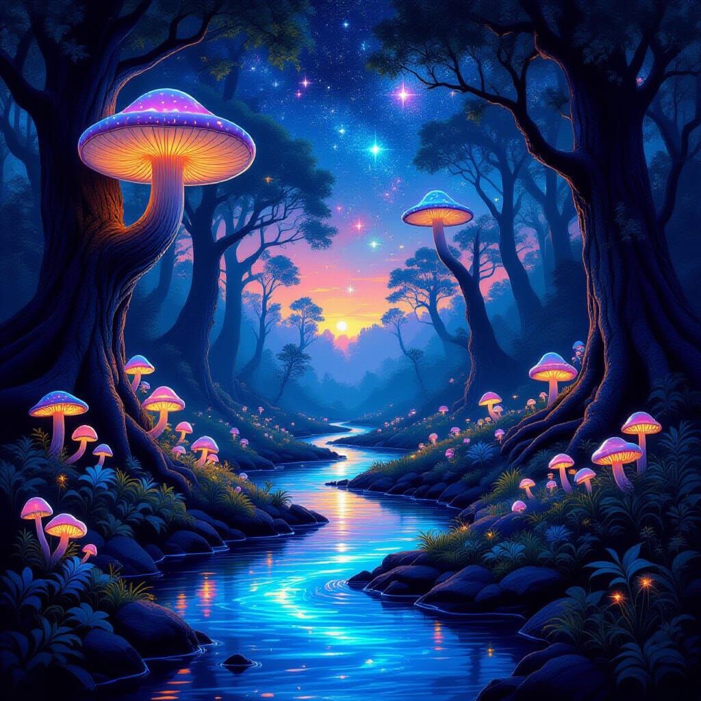Bioluminescent Forest at Dusk with Giant Crystal Mushrooms