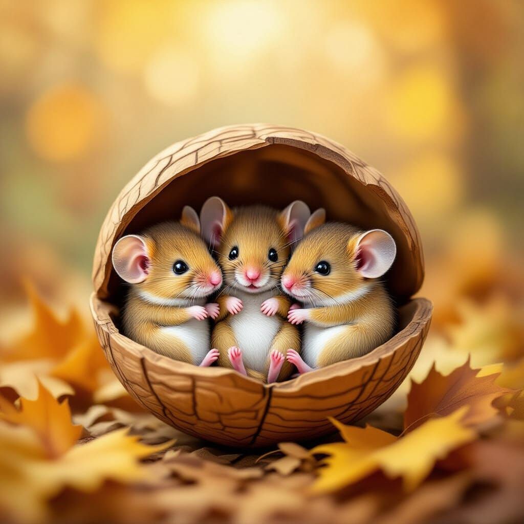 Baby Mice Cozy in Walnut Shell Storybook Illustration