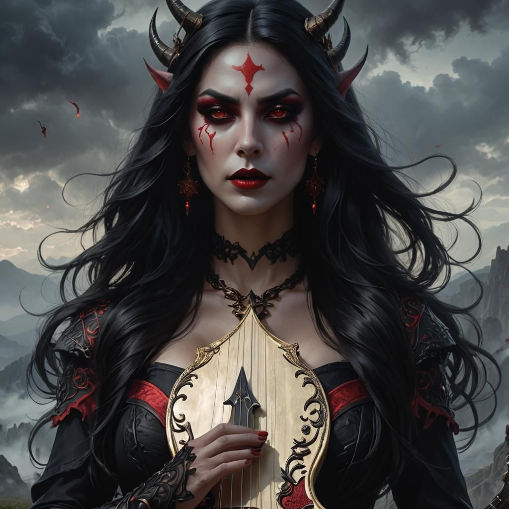 Female Demon Bard in Dark Fantasy Landscape
