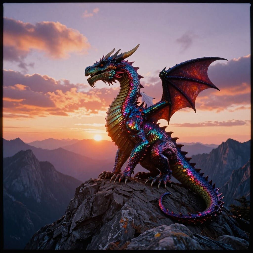 Multi-Colored Dragon at Fiery Mountain Sunrise