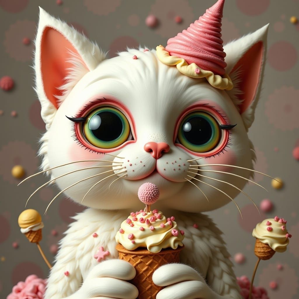 Vibrant Surrealist Cat Enjoys Whimsical Ice Cream Treat