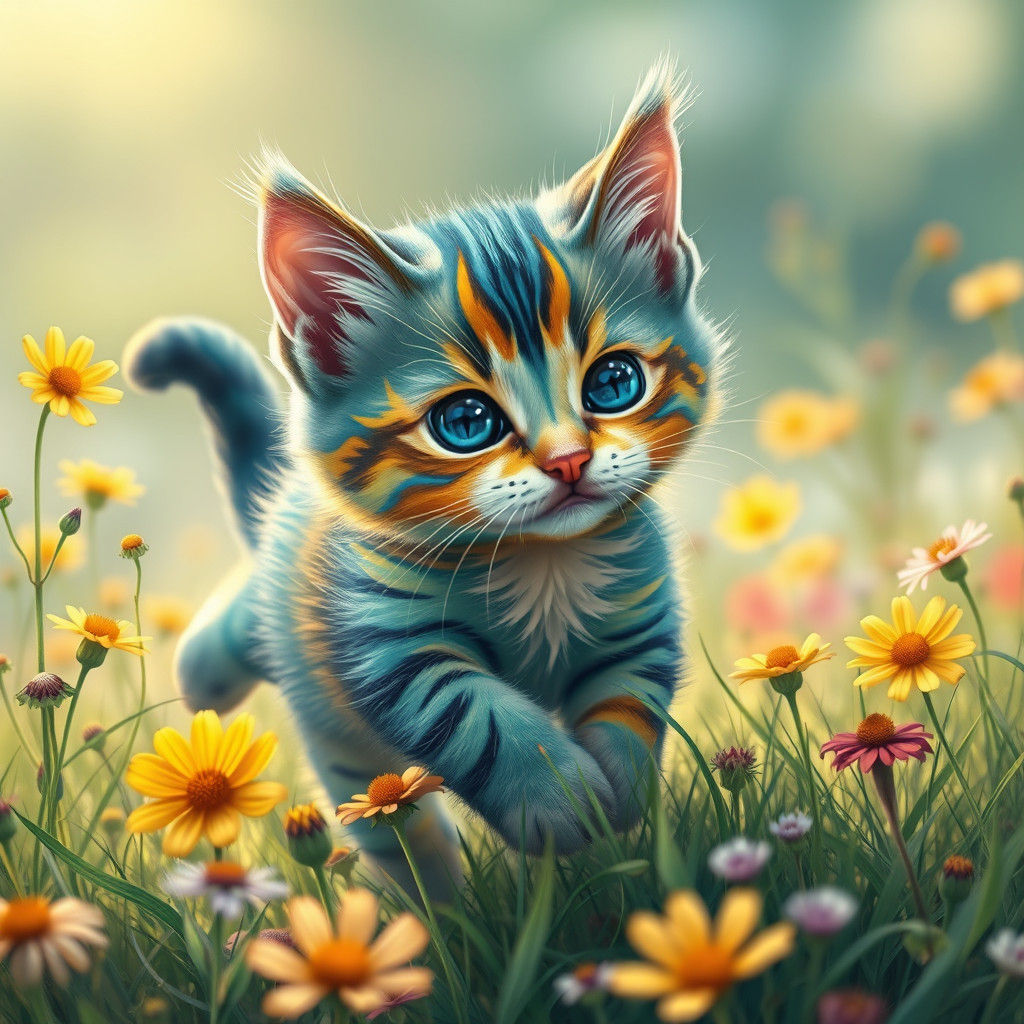 Colorful Kitten in Meadow, Whimsical Digital Art