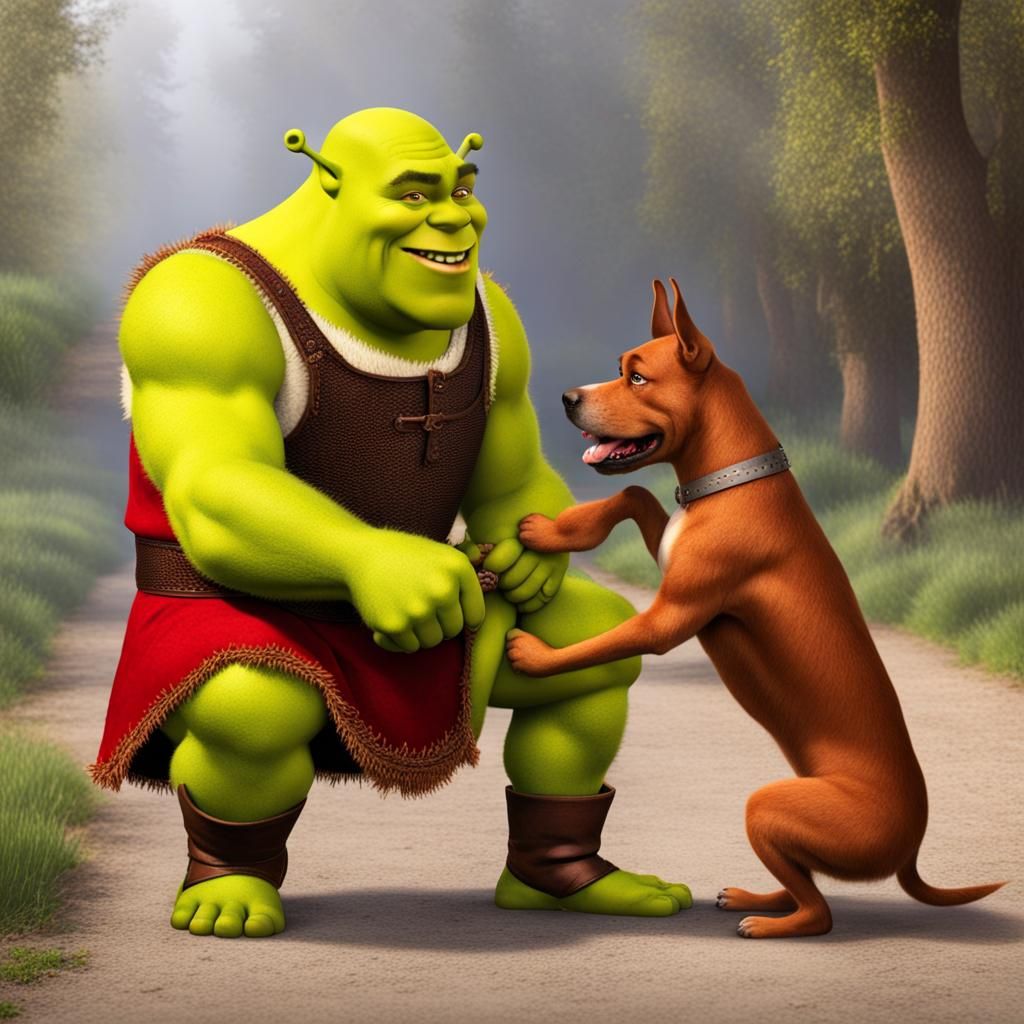 Red Shrek Catches a Dog in Whimsical Art