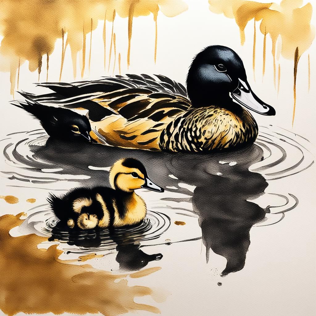 Mother Duck and Chicks in Lake: Charcoal and Ink
