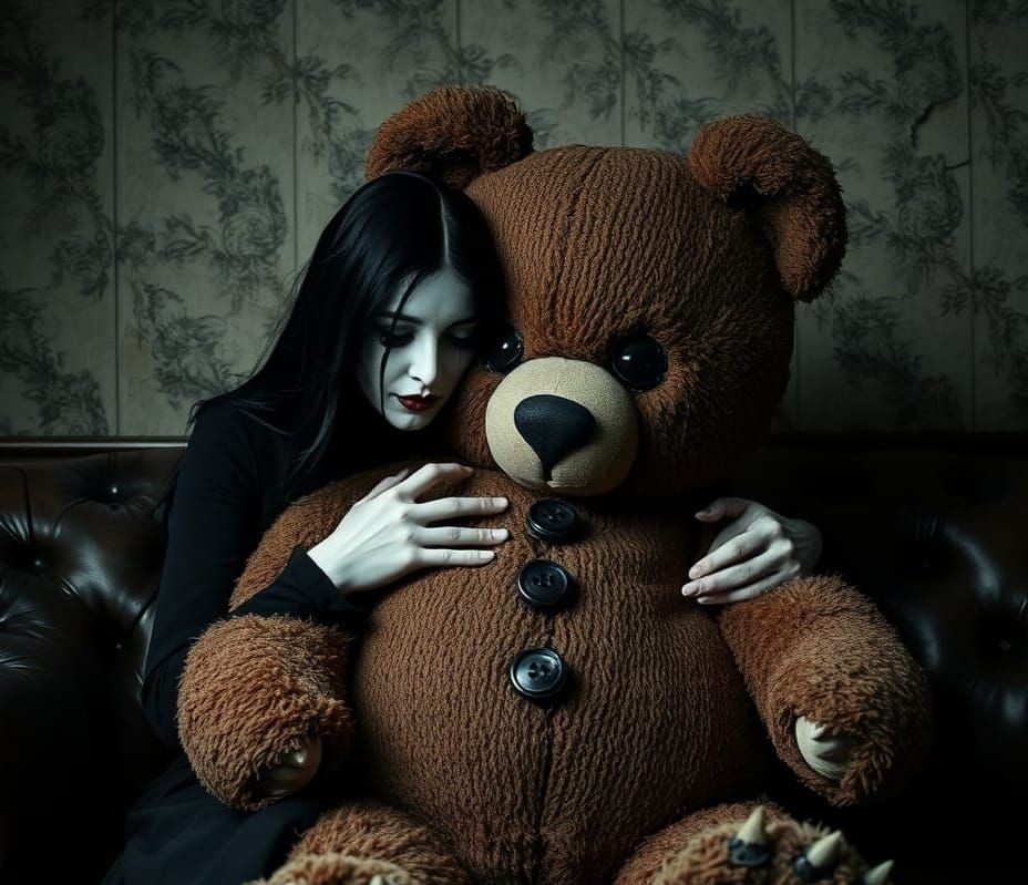 Mysterious Woman Embraces a Haunting Teddy Bear in a Dark, D...