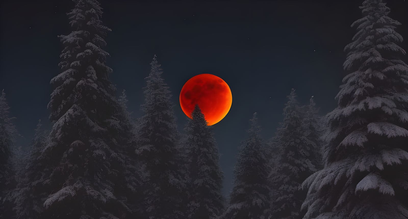 Vibrant Blood Moon Over Frosty Pines