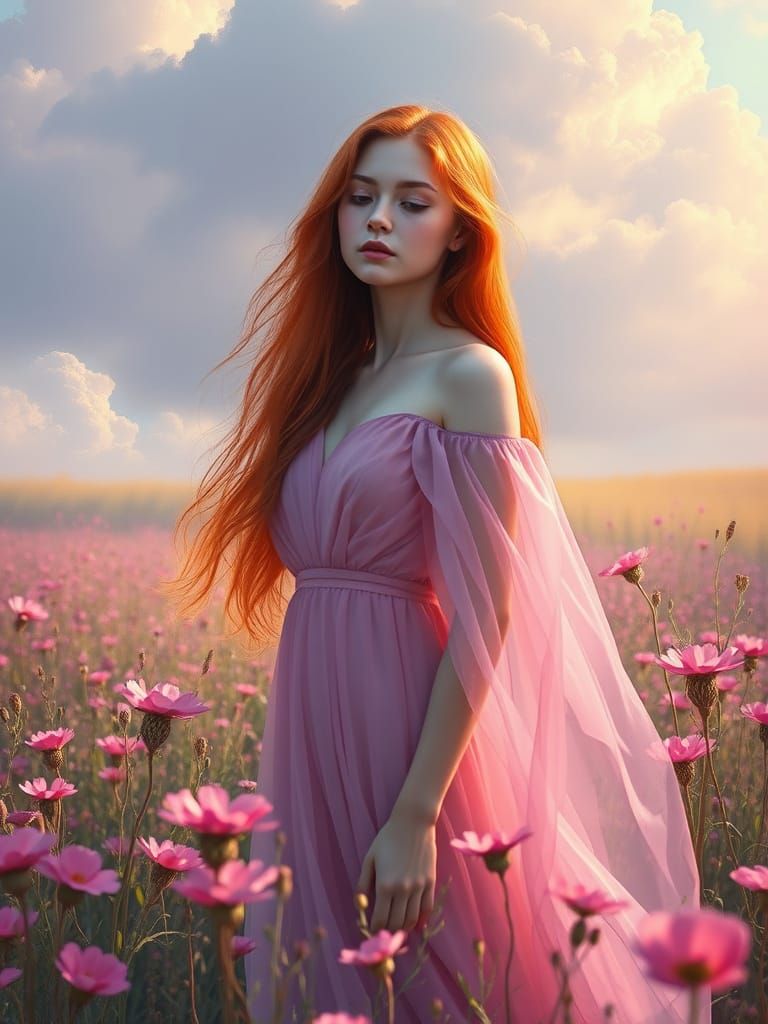 Red-Haired Woman in Wildflower Field: Ethereal Oil Painting