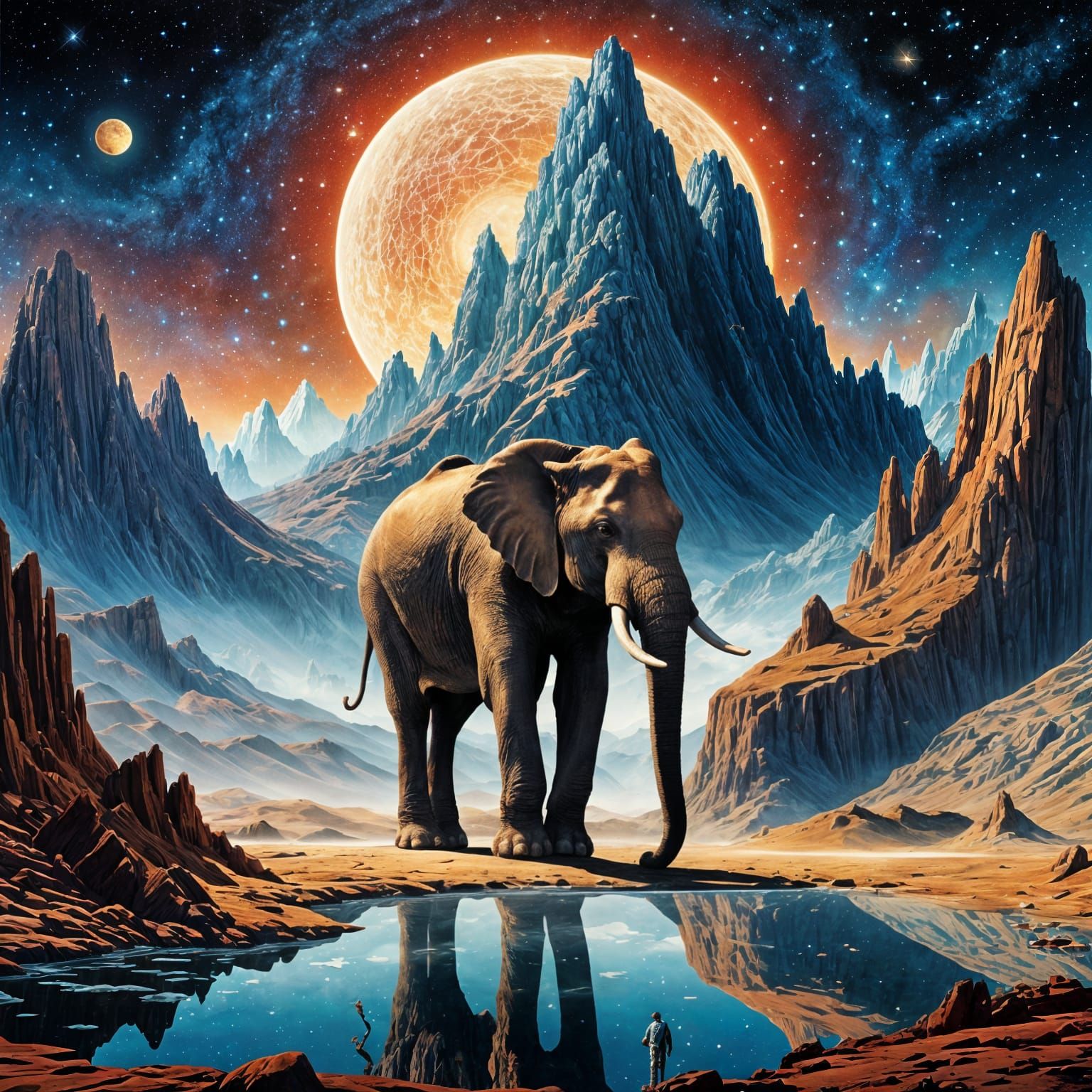 Ancient Elephant on Mountain Peak in Luminous Mosaic Style