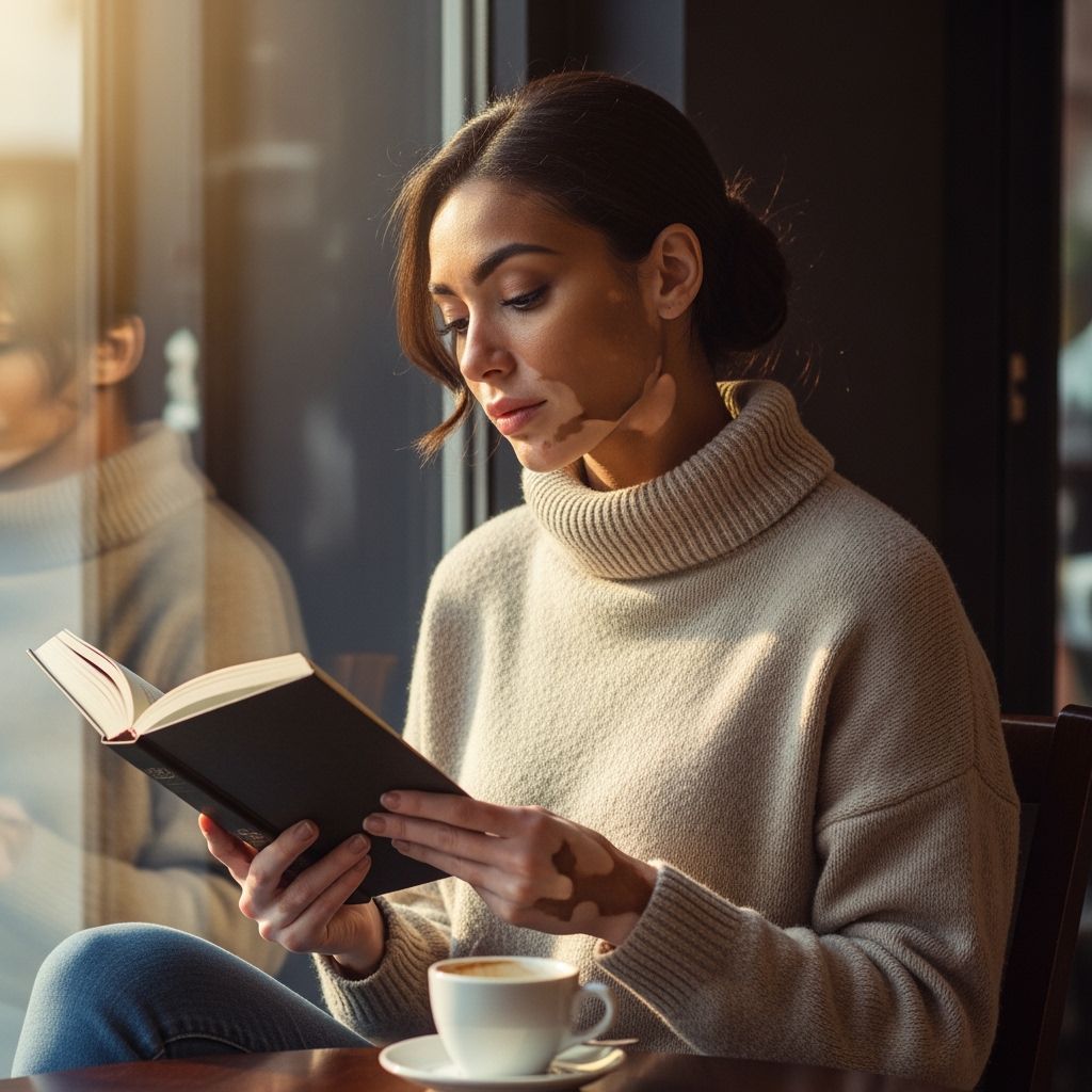 Italian Woman with Vitiligo Reading in Cafe