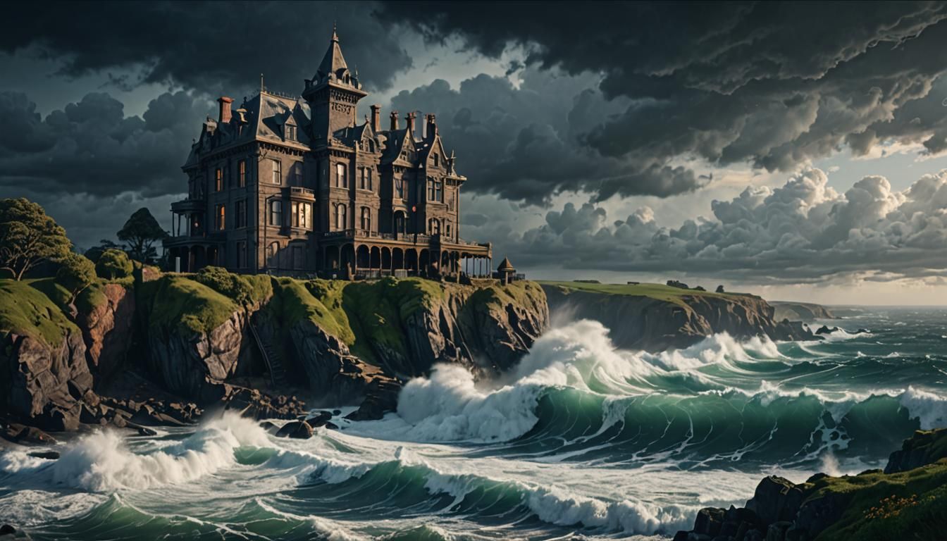 Eerie Victorian Manor on Cliff Edge, Detailed Matte Painting
