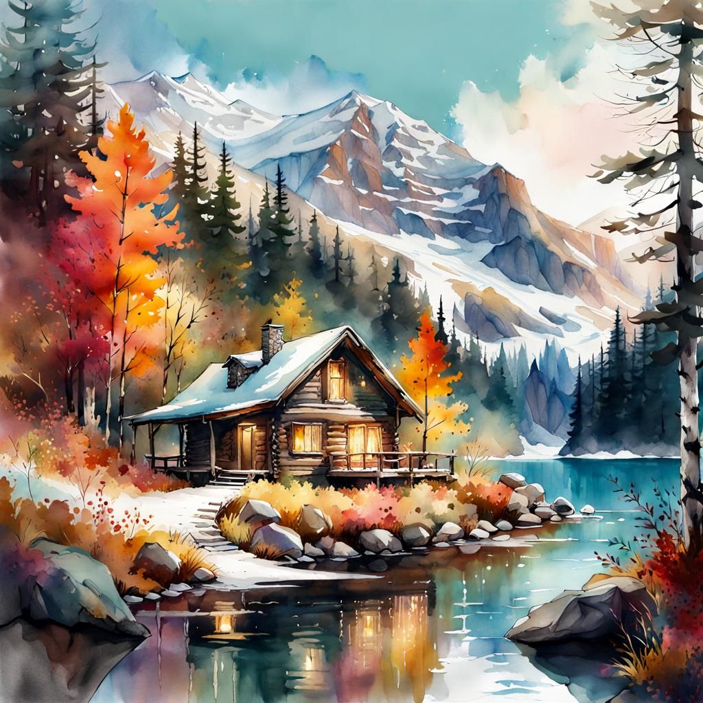 Cosy Cabin in Woods: Digital Watercolor Illustration