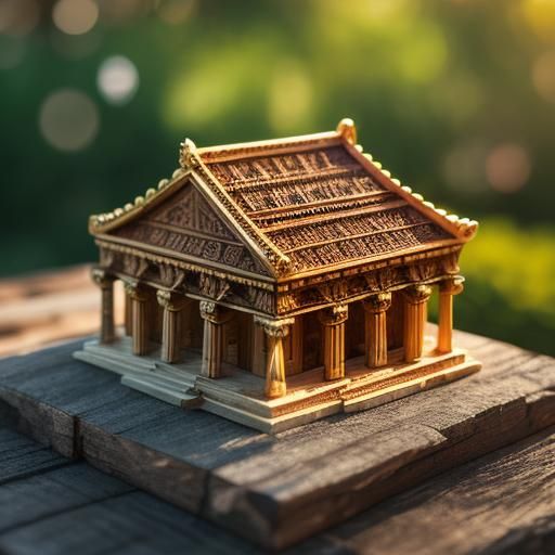 Detailed Wood Carving of a Greek Temple Model