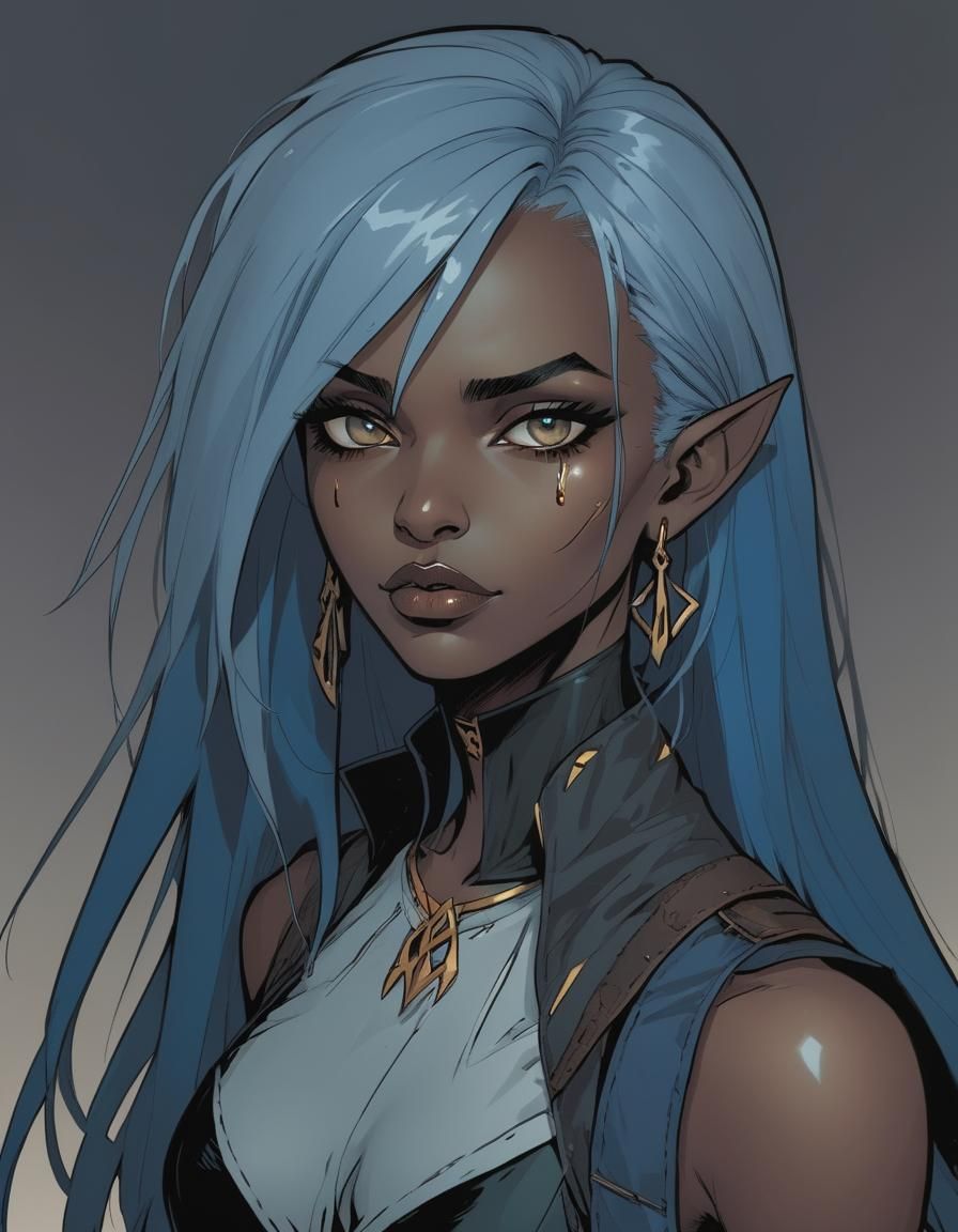 Dark-Skinned Witch with Blue Hair in Comic Book Style