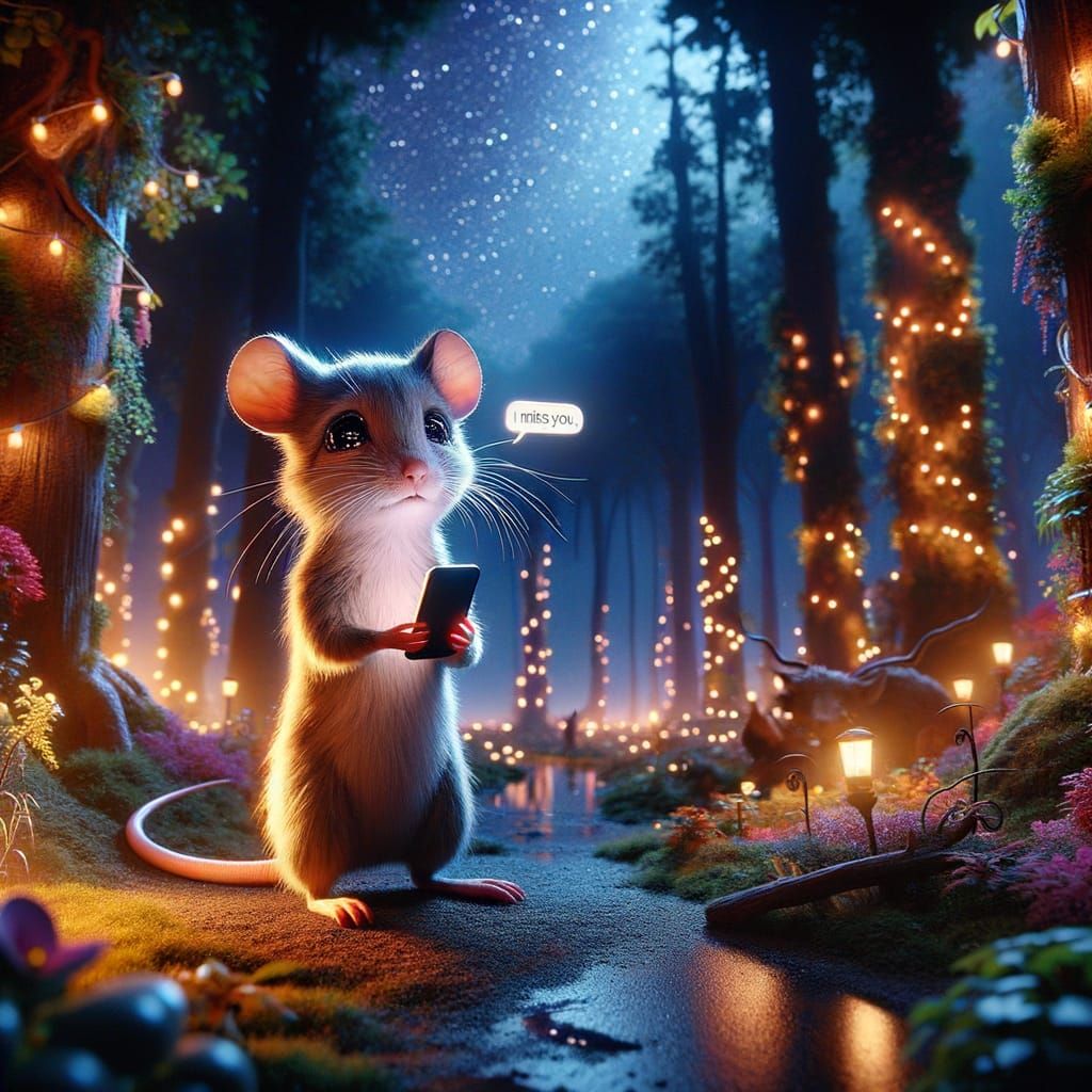 Teary Mouse with Phone in Enchanting Forest at Night