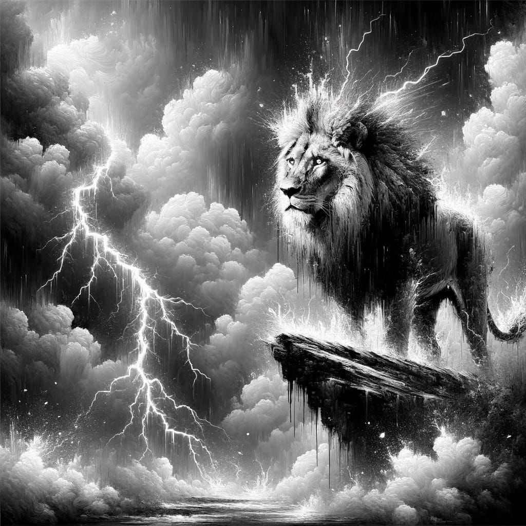 Epic Lion in Thunderstorm, Semi-Realistic Black and White Oi...