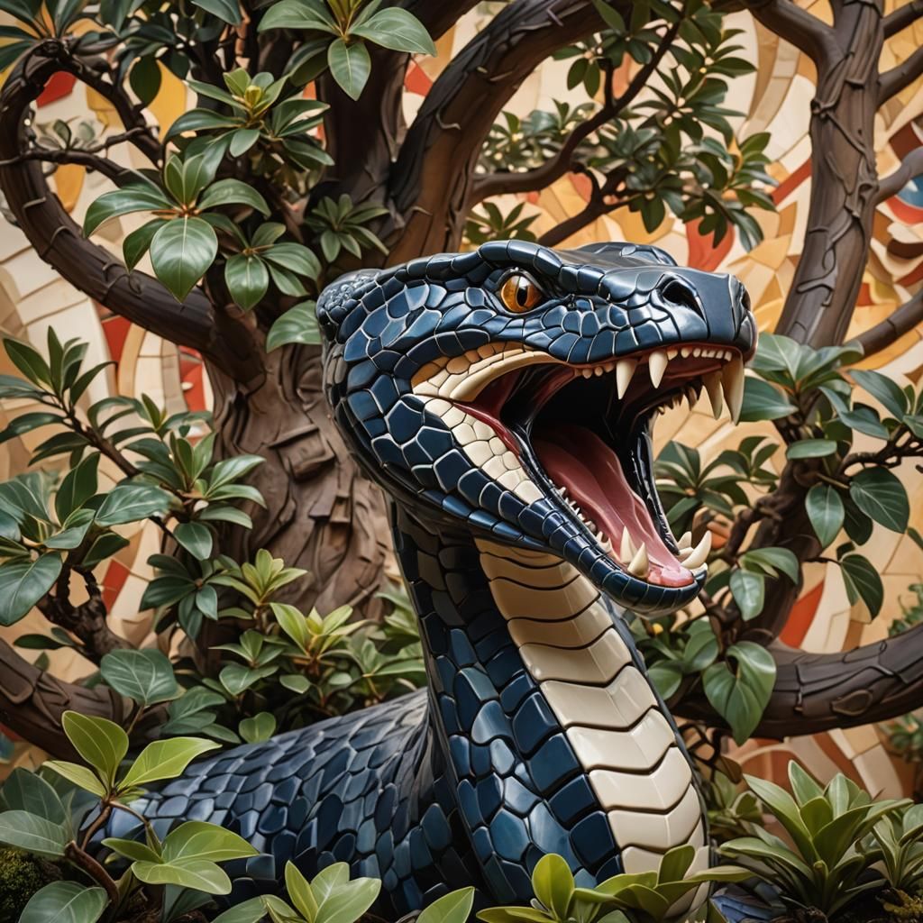 20th century cubism of a cobra with mouth open and cubism of...