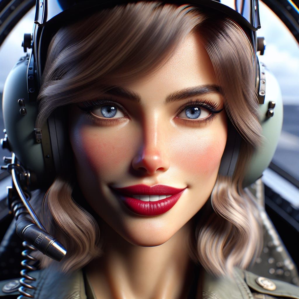 Gorgeous female pilot.  Shoulder length blonde hair, blue ey...