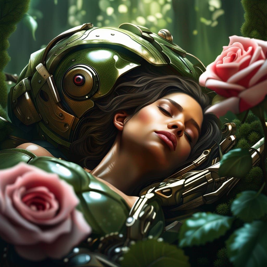 Nymph in Rose with Mechanical Armor: Digital Art