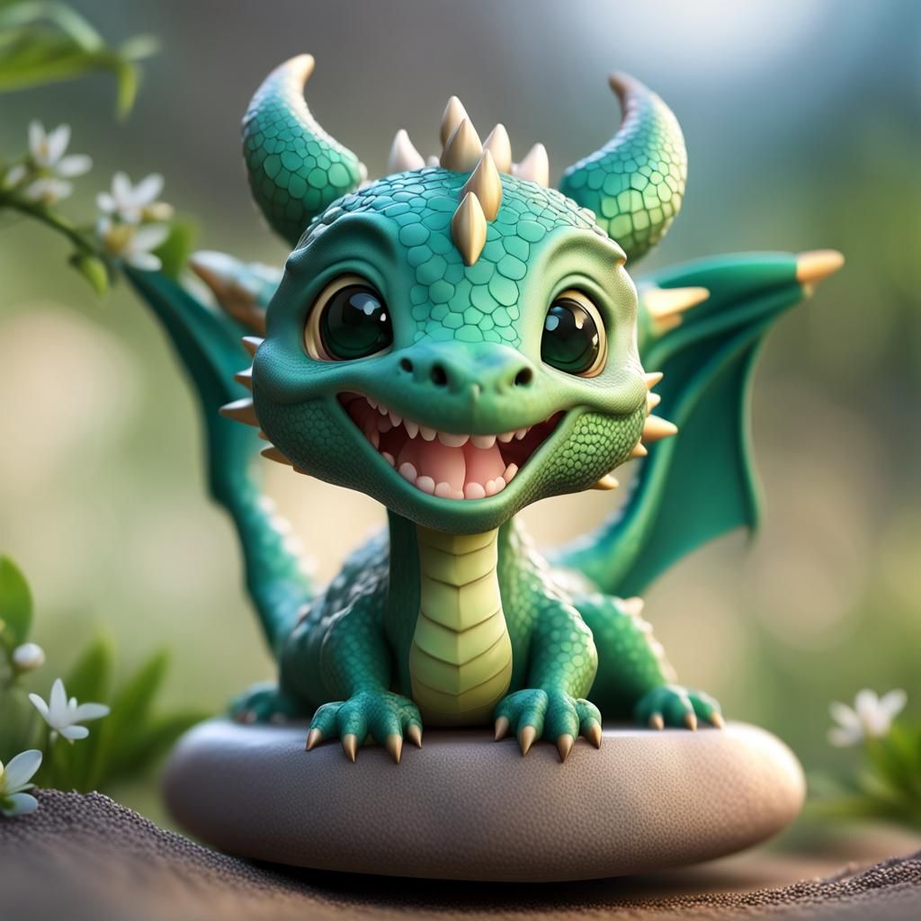 bobblehead of a cute smiling baby dragon, with a large head ...