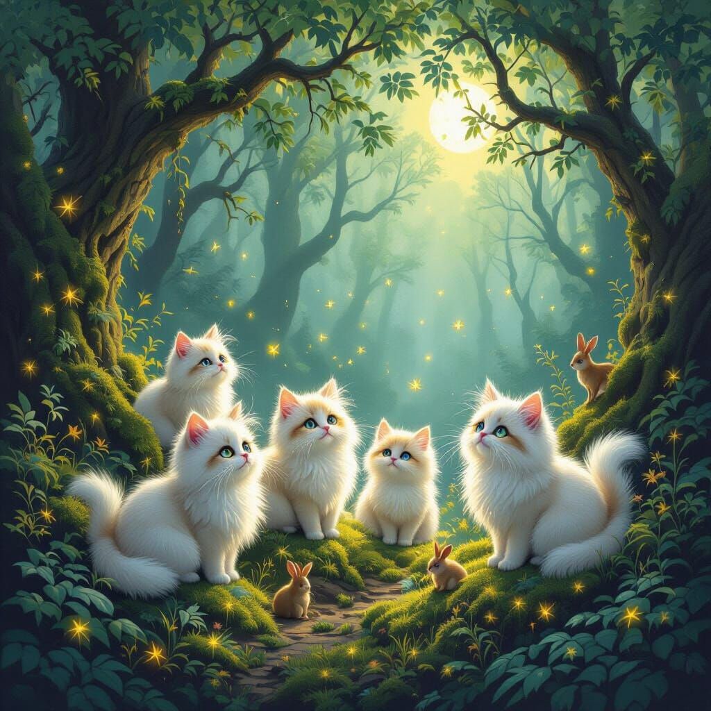 Whimsical Forest Cats at Dusk with Fireflies