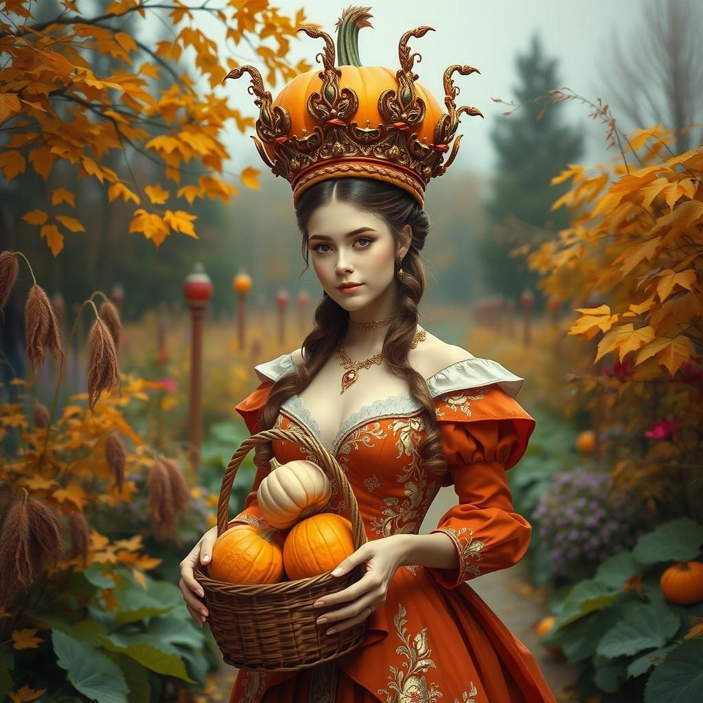 Woman with Pumpkin Crown in Autumn Garden