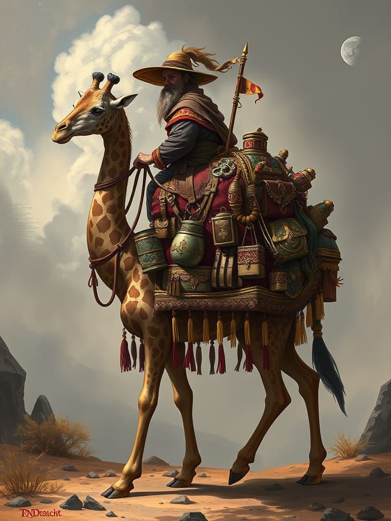 Giraffe Rider Peddles Wonders in a Fantasy Realm