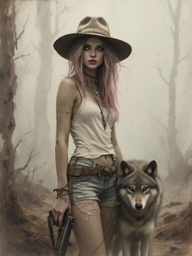 Woman with Wolf in Charcoal Pastel Sketch