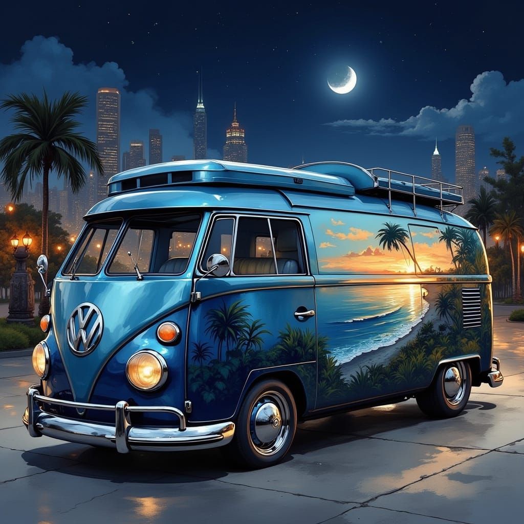 Custom 1966 VW Van with Tropical Beach Mural