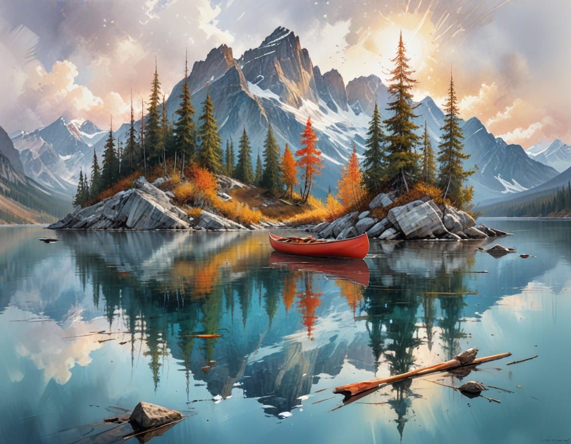 Autumn Sunset Over Alpine Lake with Red Canoe