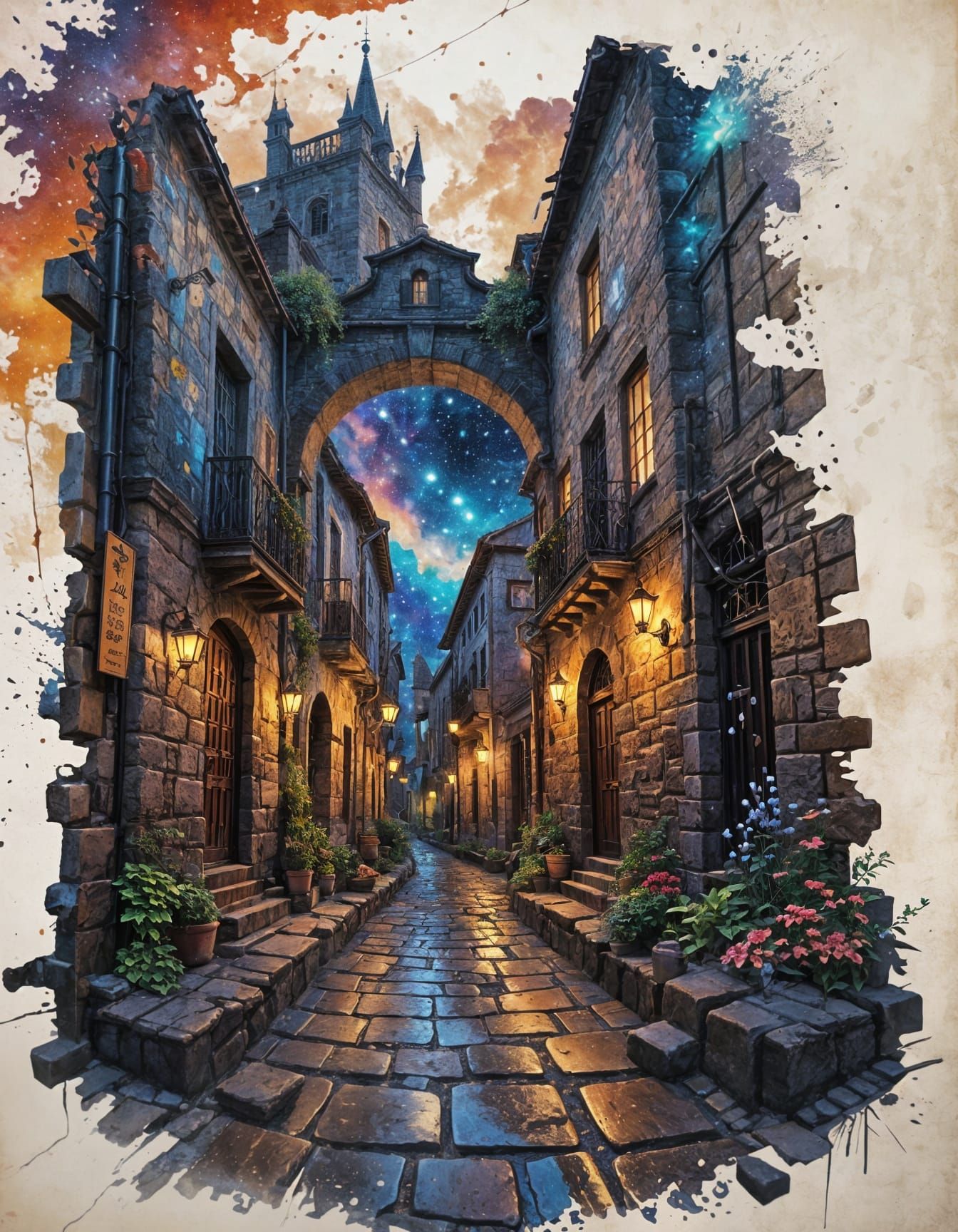 A manga painting a cobblestone renaissance alley.