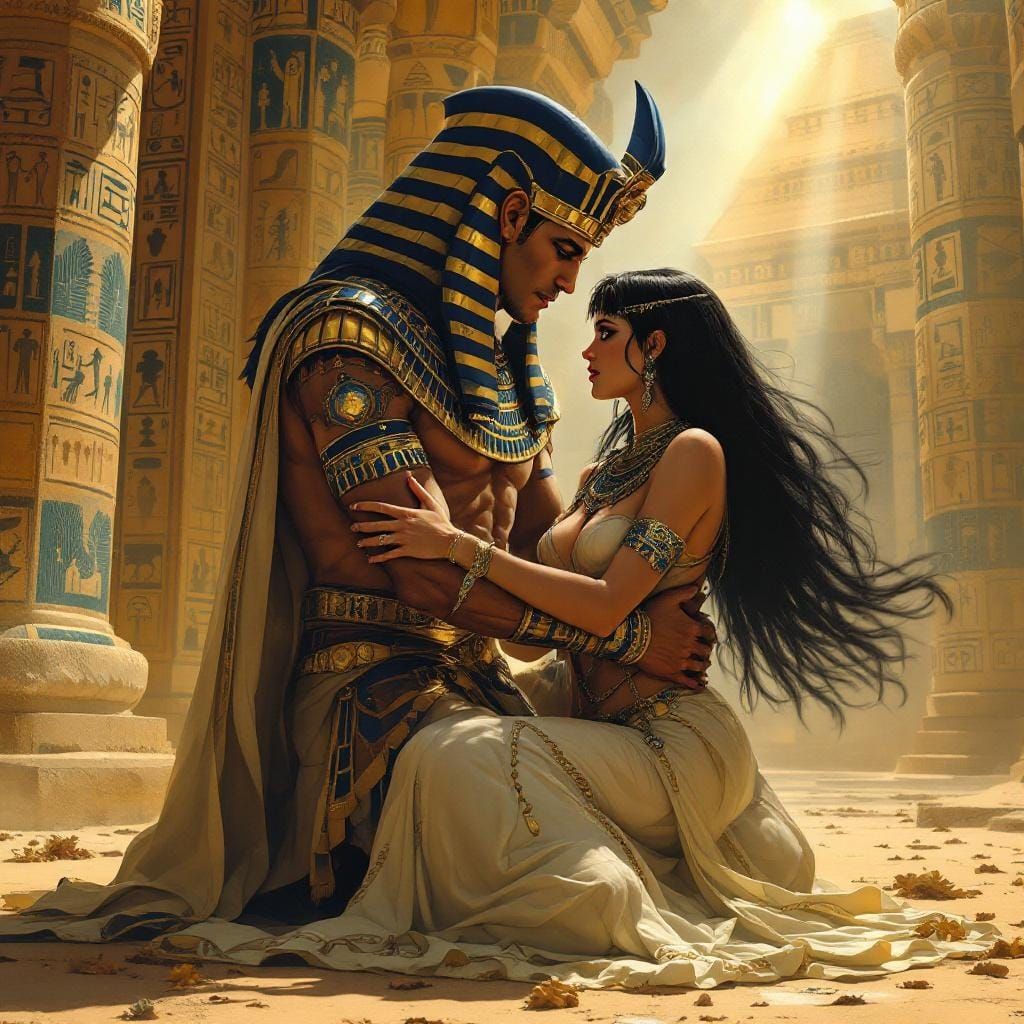 Ramses Holding Nefertari as Art Nouveau Painting