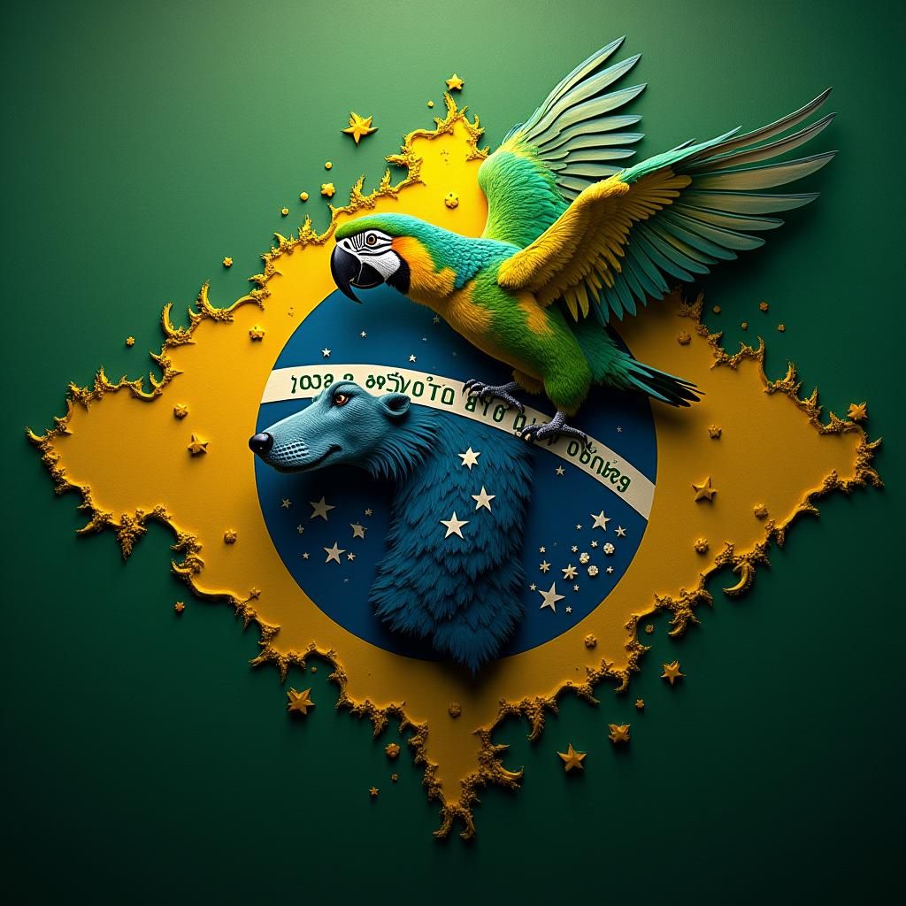 Stylized Brazilian Flag with Wolf and Macaw