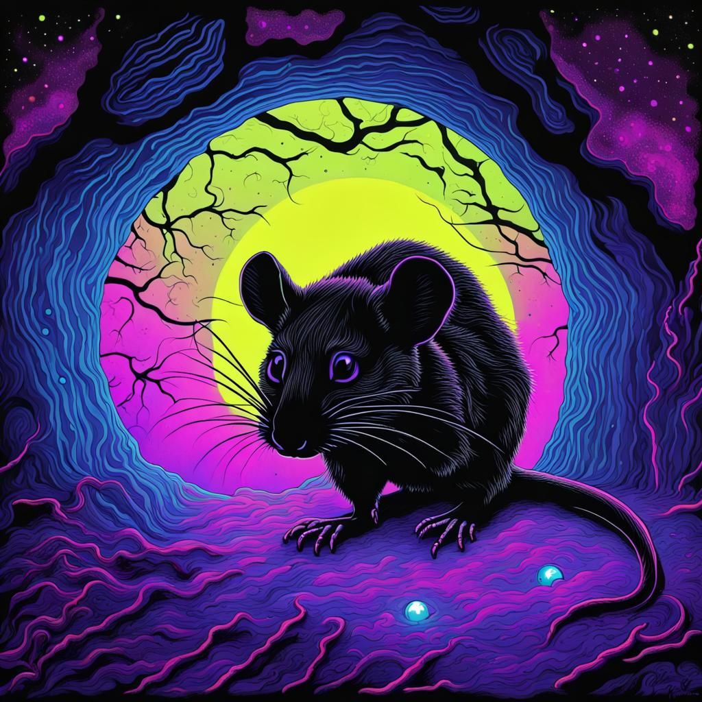 Creepy Neon Rat in Dark Fantasy Moonscape