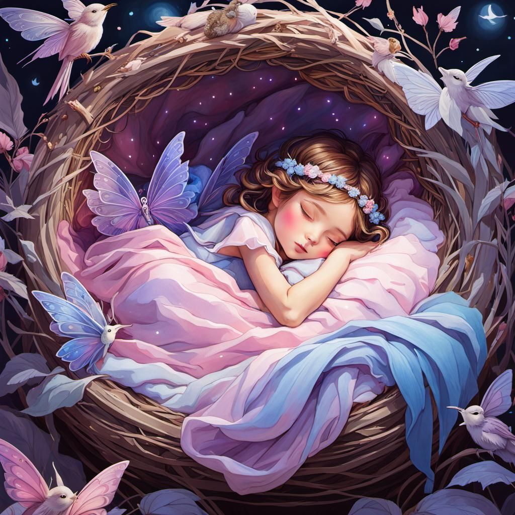 Sleeping Winter Fairy in Cozy Nest, Gouache Style