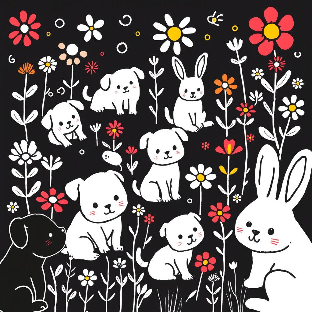Whimsical Doodle World of Puppies and Bunnies