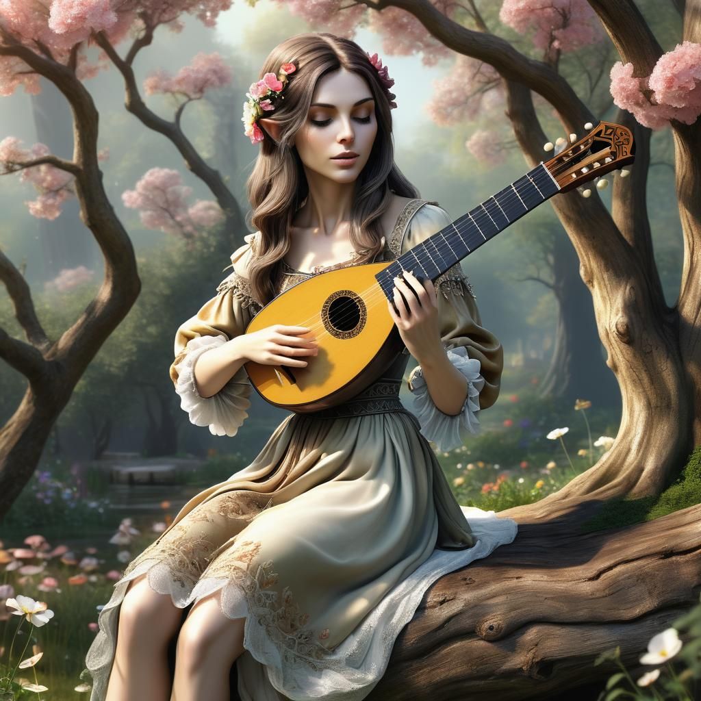 Hyperdetailed Elf Playing Lute in Magical Garden