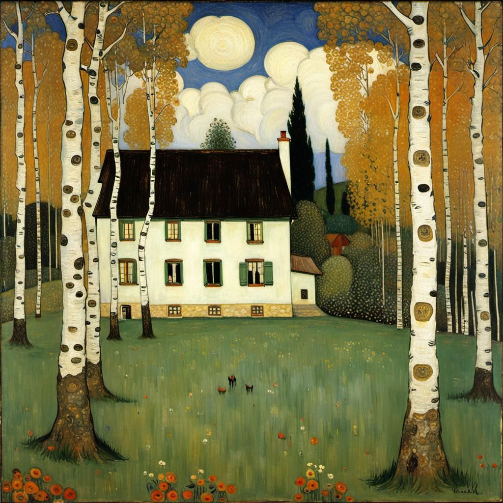 Farmhouse with Birch Trees in Art Nouveau Style