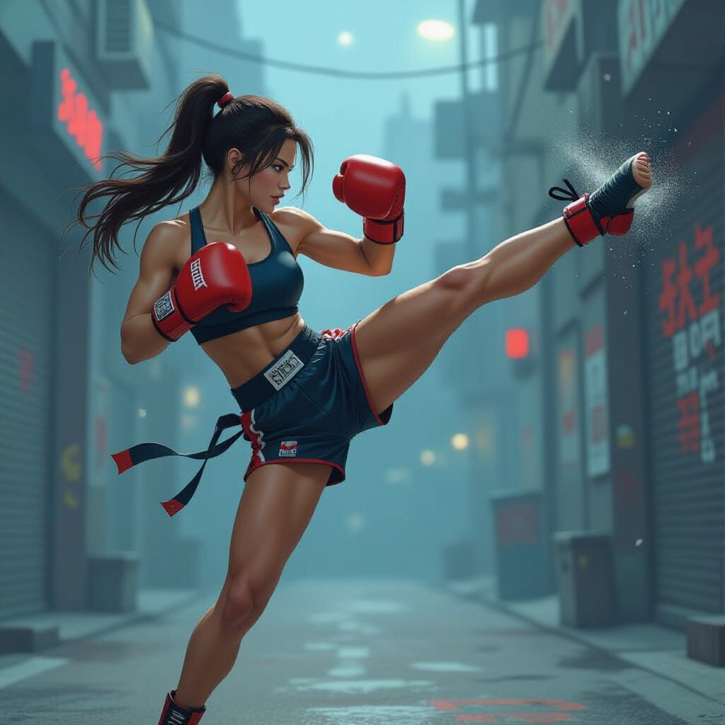 Dynamic Kickboxer in Urban Setting, Comic Book Style