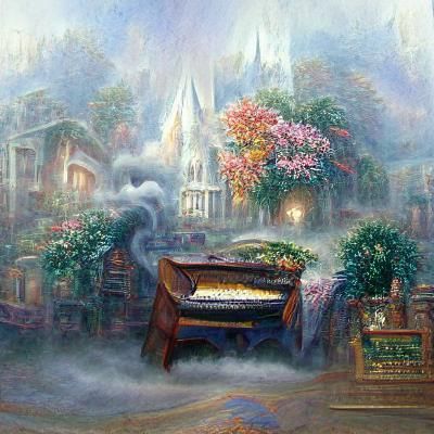 Ethereal Piano in Dreamy, Hyperdetailed Landscape
