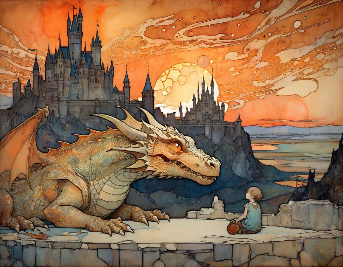 Whimsical Watercolour Scene of a Child and Dragon by a Moebi...