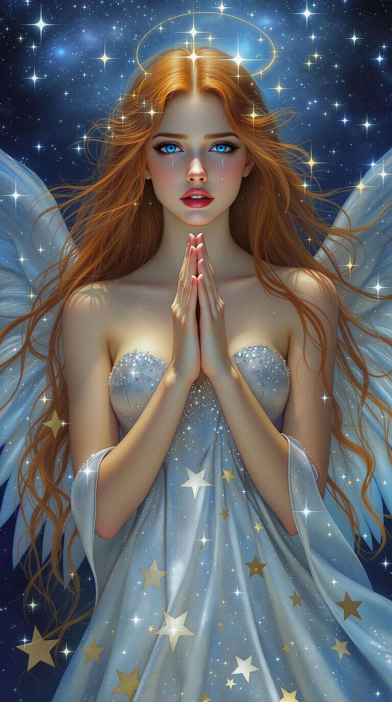Ethereal Angelic Woman in Radiant Starry Night Sky
