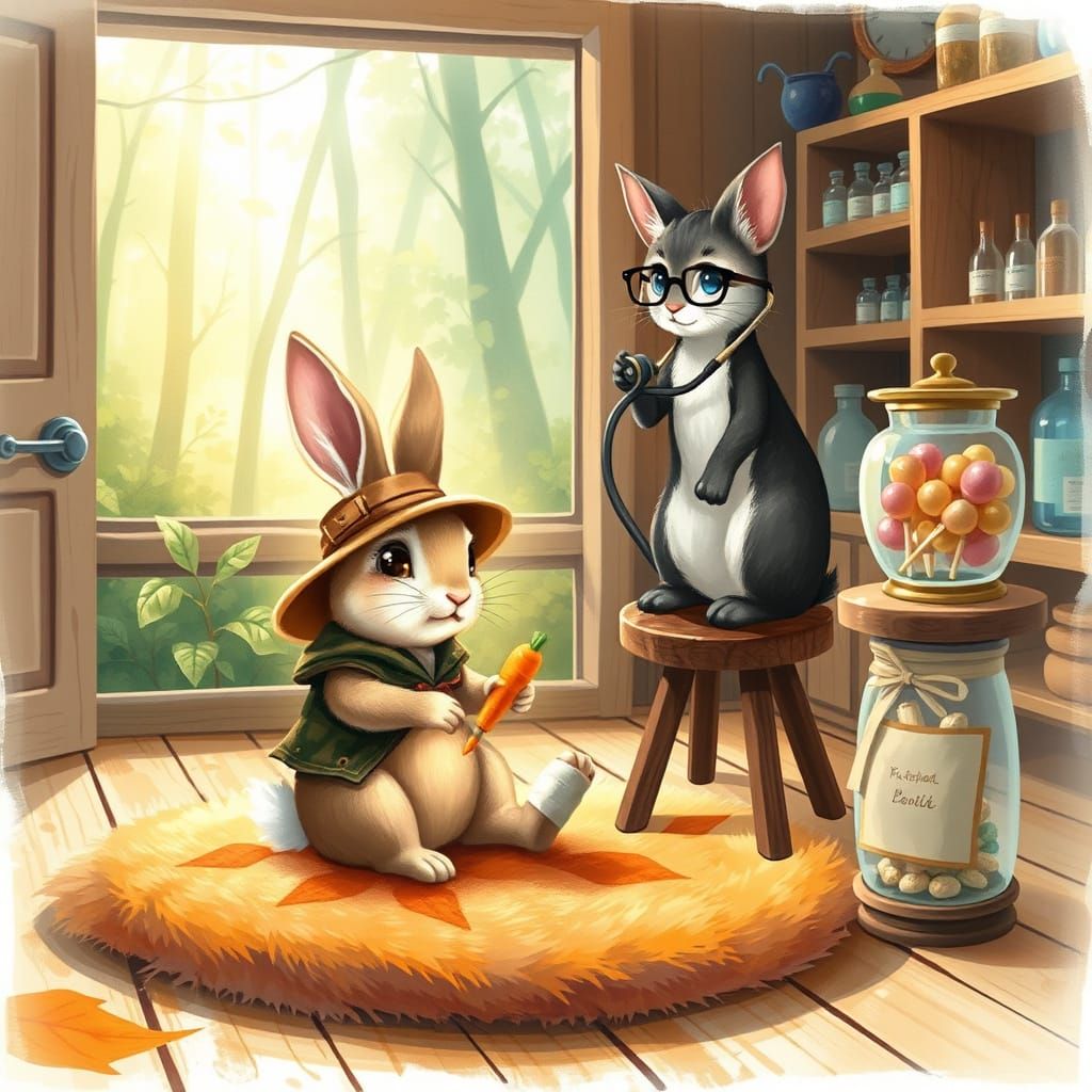 Whimsical Rustic Clinic Scene with Bunny Patient